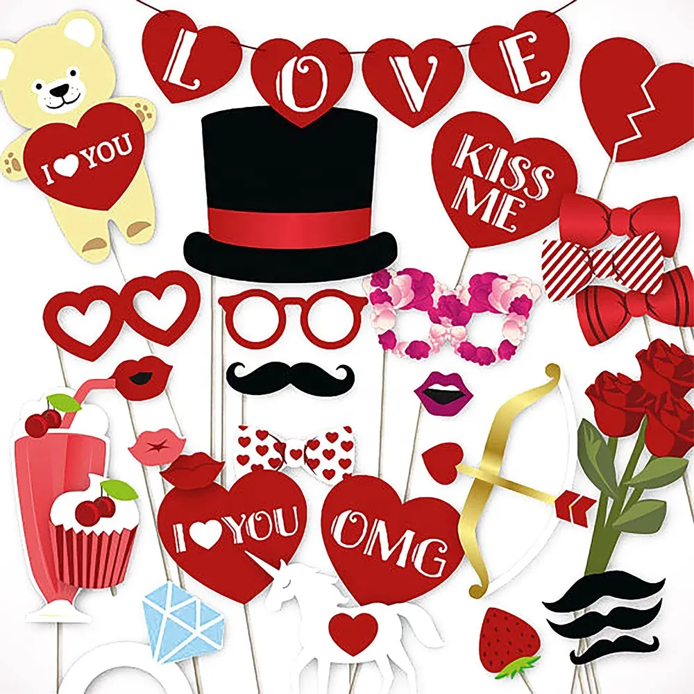 2023 San Valentin Day Decor Suit Glitter LOVE Banner Photo Booth Props Set with Teddy Bear Ring Red Kiss Lips