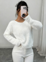 Damen Winter Einfarbiger Kunstpelz-Pullover Warmer Lässiger Hauspullover Flauschiger Strickpullover
