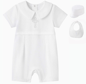 Conjunto de Bautizo para Bebé Niño 2026, Mono Blanco con Cruz Bordada, Conjunto de Caballero con Mono de Manga Corta, Gorro y Babero, 3 Piezas - Product Image 1