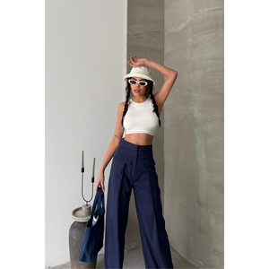 Pantalones de Mujer Azul Marino con Detalle de Solapa de Bolsillo Plisada Ancha, Cierre de Cintura Elástica, Tejido Transpirable, Patrón Formal - Product Image 5