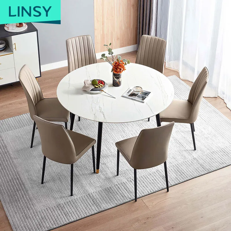 Linsy 6 Seater 화강암 둥근 대리석 최고 식탁 금 다리 JI7R 를 가진 최소한 대리석 Dinning 테이블 대리석 식탁