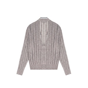 Cardigan en tricot gris personnalisé à col en V et manches longues, pull en coton côtelé ajouré tricoté pour femmes, vente en gros - Product Image 4