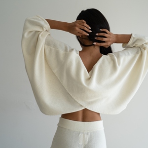 ODM OEM Round Neck Long Sleeve Loose Fit Irregular Knitted Cotton Women Sweater Front Cross <strong>Wrapped</strong> <strong>Jumper</strong> - Product Image 2
