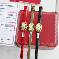 Jam Tangan Wanita Mewah Ukuran Kecil Berbahan Baja Tahan Karat Emas dengan Casing Oval, Kristal Safir, Jarum Penunjuk, Tahan Air, Mesin Quartz, dan Tali Kulit Sapi