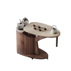 <b>Walnut</b> Wood Tea <b>Table</b> With Storage Movable Outdoor Tea Cart For Balcony Home Use - Product Image 4