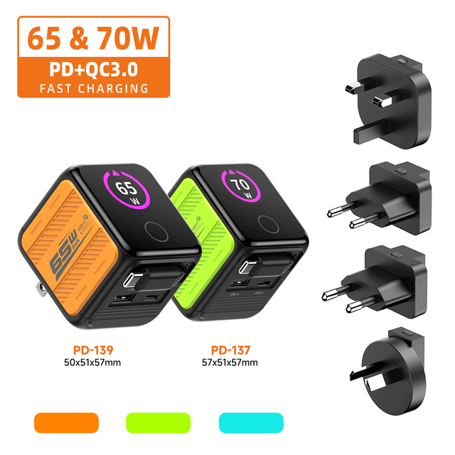70W 65W Multifunction Smart Mobile Phone Charger with TFT Smart Display Screen Wall Travel USB-C Type c Adapter Fast Charger