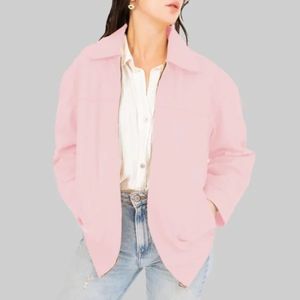 แจ็คเก็ตบอมเบอร์หนังแท้สีชมพูสำหรับผู้หญิง ทรงโอเวอร์ไซส์ ปิดด้วยซิป เคลือบผิวทันสมัย ทรงหลวม สไตล์สตรีทแวร์ - Product Image 3