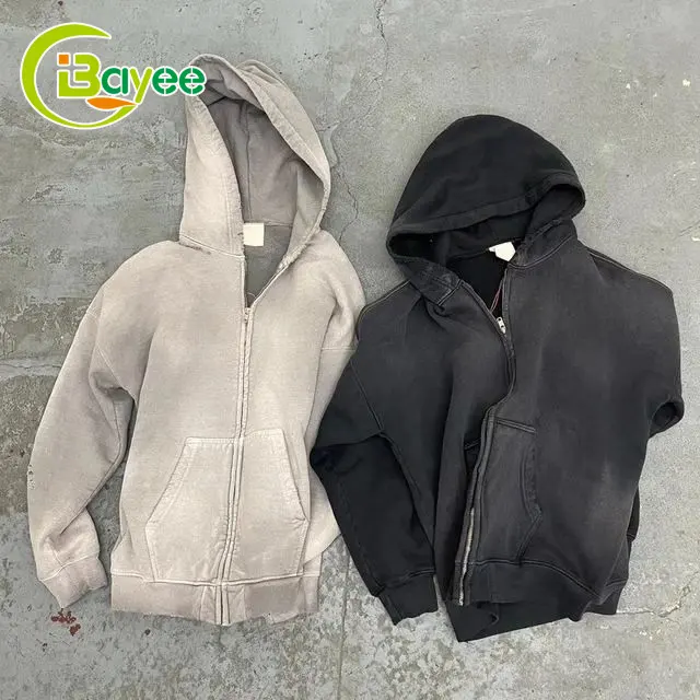 Giyim üreticileri siyah tam Zip taş yıkama Hoodie erkekler boş asit yıkanmış fermuarlı kapüşonlu eşofman üstü özel Logo