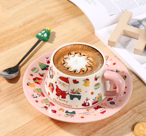 Christmas Ceramic Cup and Saucer Set with Santa Claus Cartoon Design, Red and Pink Handles, Holiday <b>Drinkware</b> for Coffee or Tea - Product Image 4