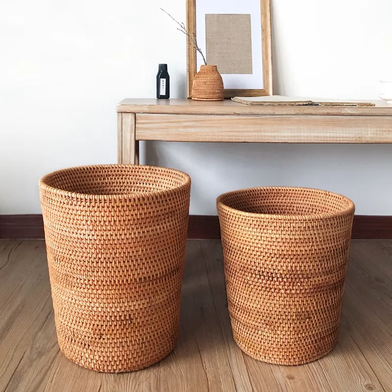 Handicraft Bathroom Kids Laundry Basket Stack Modern Vietnam Rattan Woven Round Waste Baskets