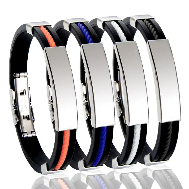 Fashion Men Stainless Steel Wire Silicone Cool Man Casual Bracelet Male Jewelry Accessories