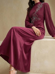 Women's High Neck Eid Muslim Fashion Satin Natural Maxi A-Line Abaya Bubble Sleeve Embroidery Side Slit Ramadan <b>Dubai</b> <b>Kaftan</b> - Product Image 3