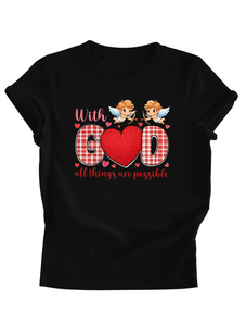 T-shirt pour femme à manches courtes, col rond, imprimé cœur de Cupidon, décontracté, 100% coton jersey, coupe classique - Product Image 1