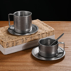 Taza de Café de Acero Inoxidable 304 de Estilo Europeo Vintage Yolecen, Taza Antideslizante de Doble Capa para Té con Leche, Platillo - Product Image 3