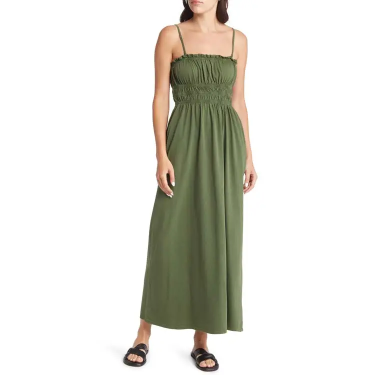 New Look 2022 Women Green Color Plus Size Maxi Dress Sleeveless Casual Cotton Beach Wear Maxi Dress For Women