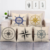 Housse de coussin en lin style nordique boussole nautique pour décoration intérieure 45*45cm, housse de coussin de canapé