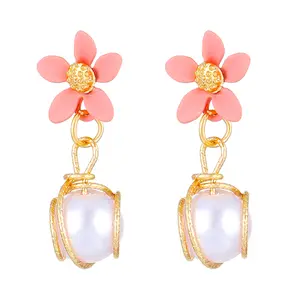 Daihe 2024 Summer New Pearl Flower Earrings Pink Yellow Flower Earrings Spring/Summer Rural Style Earrings