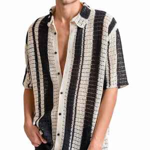 Custom Summer Casual <b>Knit</b> Jacquard <b>Cardigan</b> Black and White Shirt <b>Men's</b> <b>Knit</b> Short Sleeve Shirt - Product Image 1