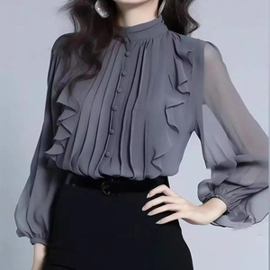Haut de gamme col montant chemise femmes printemps et automne nouveau sens de la mode à volants à manches longues petit haut de chemise - Product Image 1
