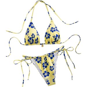 FOXA Conjunto de bikini floral para mujer, amarillo, azul, estampado hawaiano, top triangular, parte inferior tipo tanga, traje de baño, ropa de playa, conjunto de 2 piezas - Product Image 1