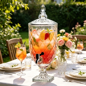 Distributeur de boissons en verre transparent 5L Diamond Crisscut, <span class=keywords><strong>Jarre</strong></span> à punch sur pied haut avec robinet chromé pour mariages et buffets - Product Image 6