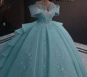 Abiti da Quinceañera <span class=keywords><strong>Blu</strong></span> Chiaro Brillante con Spalle Scoperte, Decorazioni in Cristallo e <span class=keywords><strong>Paillettes</strong></span>, Coda Lunga, <span class=keywords><strong>Vestito</strong></span> da 15 Anni Personalizzabile - Product Image 2