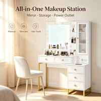 Coiffeuse blanche multifonctionnelle avec miroir éclairé, cadre doré, tiroirs, meuble d'appoint et prise intégrée pour chambre à coucher
