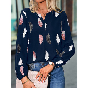 Moda Mulher Blusa Camisas para as Mulheres Elegante Top Manga Longa Pena Padrão Feminino Tops Elegante Chiffon Mujer Mulher Roupas - Product Image 3