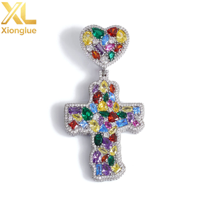 Iced Out Colorful Love <b>Hook</b> Cross <b>Earrings</b> 14K Gold Plated Large Baguette CZ Diamonds Custom Charm Hip Hop Jewelry - Product Image 1