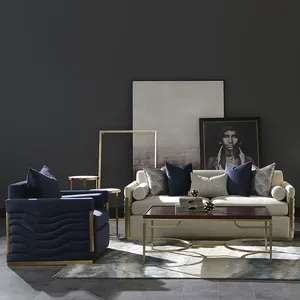 Moderne haut de gamme gris bleu velours Tissu canapé 3 places Salon Sectionnel 1 + 1 + 3 Canapé de Meubles
