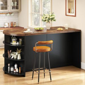 Isla de Cocina Negra Moderna SENYU con Cubierta de Madera Oscura, Estante Curvo, Gabinete de Almacenamiento, Diseño Multifuncional - Product Image 2