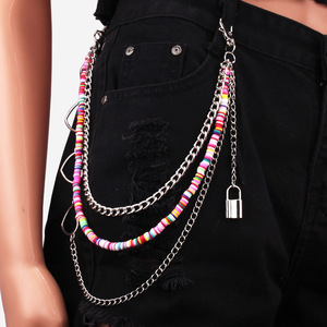 Cadena de cintura multicapa con colgante de candado y llave, estilo hip hop, cadena corporal unisex de aleación de zinc con doble anillo, accesorio de uso diario. - Product Image 2