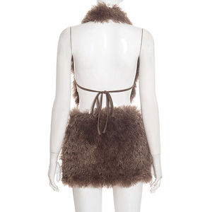 2026 Winter Neues Sexy Fell-Patchwork 2-Teiliges Set für Damen Outfits Neckholder Tiefer V-Ausschnitt Crop Top und Rock Set - Product Image 3