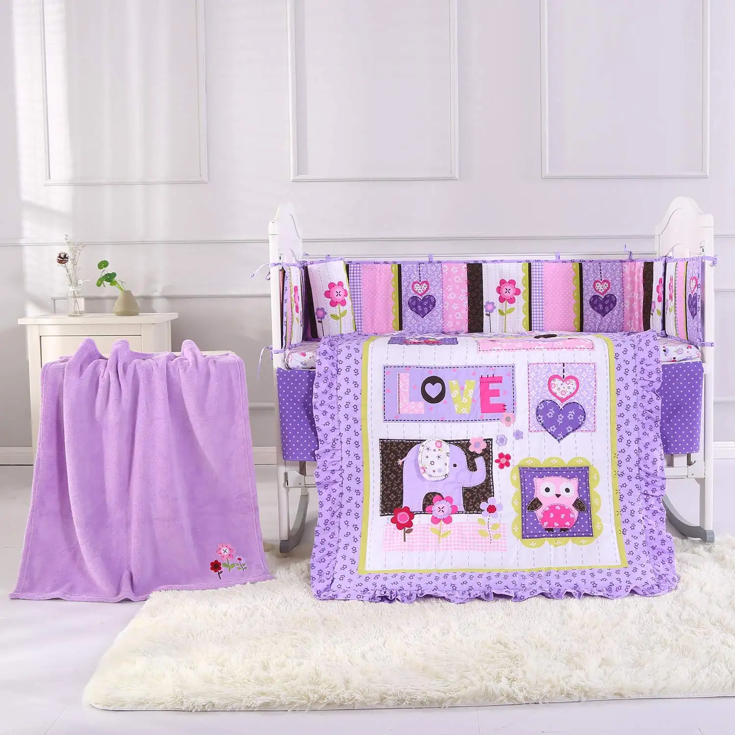 Purple Elephant Nursery Set Flower Birds Elephant Crib Bedding Sets 8 Piece for Baby Girls and Boys with blanket