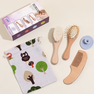 Nuevo Set de Cuidado del Cabello para Bebés, <span class=keywords><strong>Cepillo</strong></span> de Lana Suave con Mango de Madera de Haya <span class=keywords><strong>Natural</strong></span>, <span class=keywords><strong>Cepillo</strong></span> de Masaje de Silicona, Kit de Aseo para Recién Nacidos, Caja de Regalo para Bebés - Product Image 3