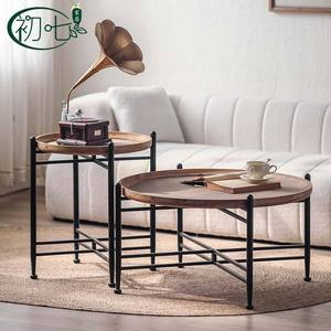 The Seventh Day Vintage Round Coffee <b>Table</b> <b>Wood</b> <b>Top</b> Iron Frame Combination Living Room Side <b>Table</b> - Product Image 2