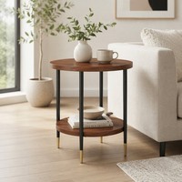Table de chevet moderne à 2 niveaux avec cadre en métal noir personnalisable, table basse durable en MDF, étagère de rangement, panneau en bois pour salon