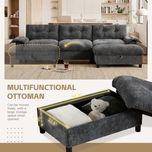 Sofá Seccional en Forma de L Multifuncional, Extensible, con Cojín de Chenilla Suave, Diseño Acolchado Único, Portavasos con Doble Puerto de Carga Lateral - Product Image 3