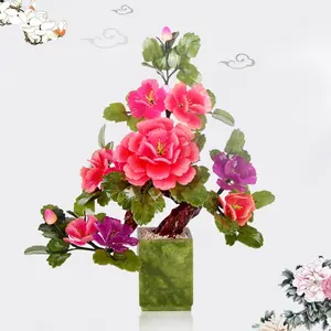 천연 중국 옥 3 색 모란 꽃 분재 꽃 풍수 장식