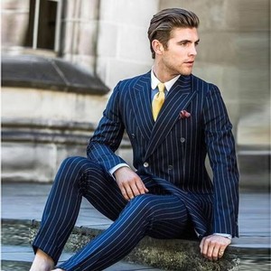 S2322R Nuevo <span class=keywords><strong>Traje</strong></span> de Boda de <span class=keywords><strong>Tres</strong></span> <span class=keywords><strong>Piezas</strong></span> <span class=keywords><strong>Azul</strong></span> <span class=keywords><strong>Marino</strong></span> a Rayas, Corte Entallado, Texturizado, <span class=keywords><strong>Traje</strong></span> de Alta Venta - Product Image 1