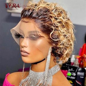 Peluca de Cabello Humano Remy Azul Cielo Rizado con Frente de Encaje Transparente, Corte <span class=keywords><strong>Pixie</strong></span> Corto, Venta al por Mayor, Proveedor Líder, Envío Directo - Product Image 1