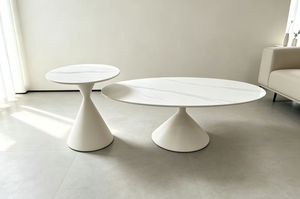 Ensemble de tables basses gigognes modernes blanc crème avec base sablier et plateau en pierre frittée pour salon, maison et hôtel - Product Image 4