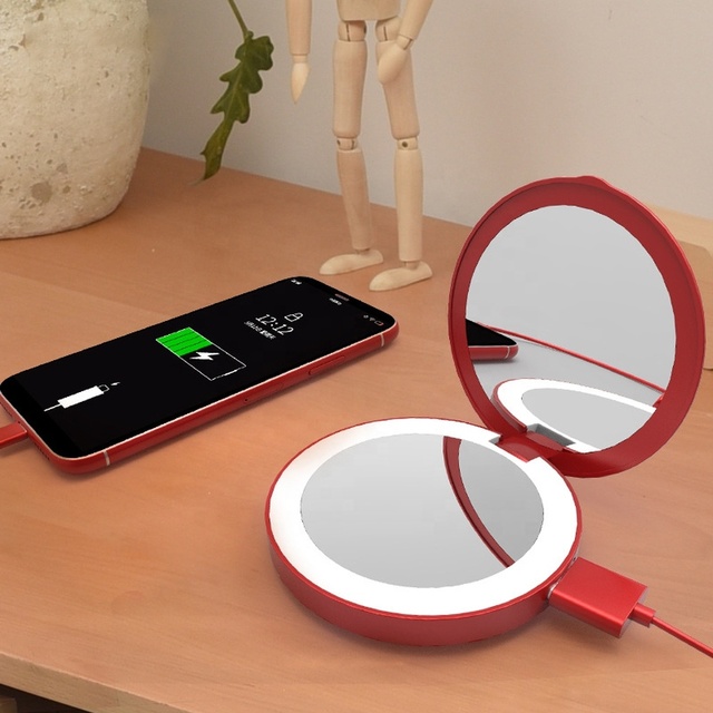 New Arrival Magic Portable Compact Rechargeable With Power Bank Round Lip Gloss Vanity Makeup Led Mirror