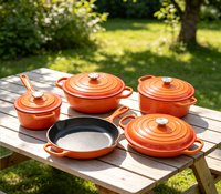 Batterie de cuisine émaillée en fonte 5 pièces, comprenant faitout classique, poêle et couvercle, compatible tous feux et fours, casseroles OEM pour la cuisson