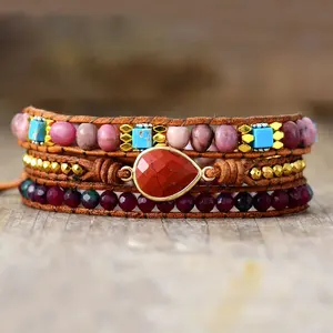 Unique Ethnic Red Jasper Stones Leather Wrap Bracelet For Women Handmade Jewellery