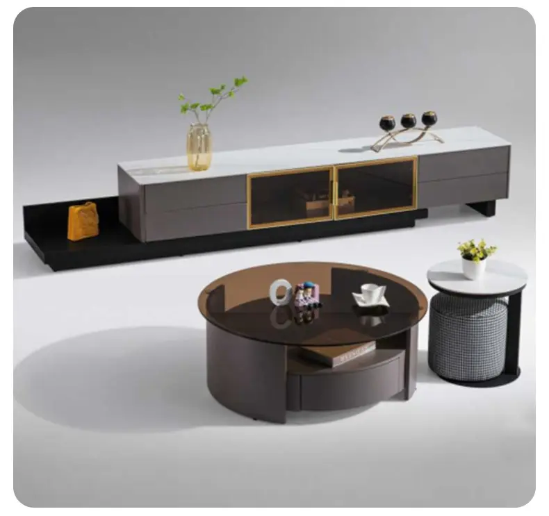 Round rock panel coffee table three-piece set of light luxury modern simple small living room home TV cabinet