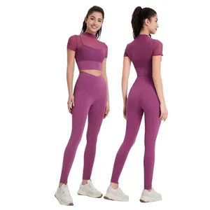 Aoyema atasan olahraga wanita, kaos leher tinggi 9 warna jala lengan pendek bernafas dengan Set Legging