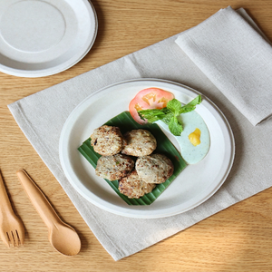 Assiette ronde en bagasse blanche de 9 pouces, jetable, en pulpe de canne à sucre, pour servir les aliments, compostable, biodégradable, vaisselle écologique - Product Image 2
