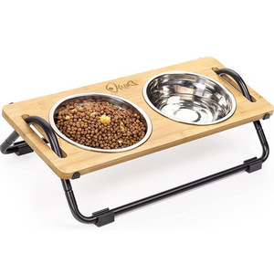 Support en bois pour gamelles de animaux, double station d'alimentation surélevée en acier inoxydable pour chats et chiens - Product Image 1