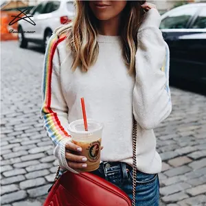 WT009 Wish hot style autumn and winter 2021 pure color sweater rainbow stripe sleeve sweater Women Tops